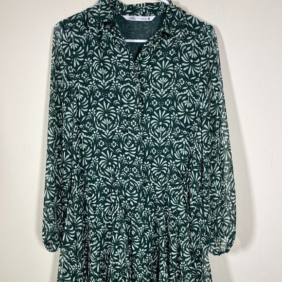 Zara Women’s Green Floral Long Sleeve Mini Shirt button-Up Dress Bohemian! - Picture 1 of 5